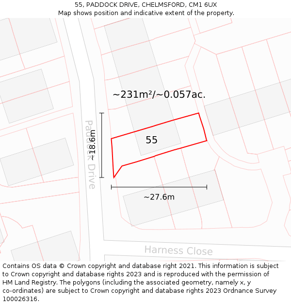 55, PADDOCK DRIVE, CHELMSFORD, CM1 6UX: Plot and title map