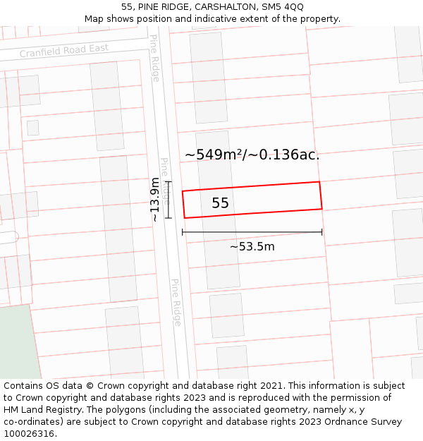 55, PINE RIDGE, CARSHALTON, SM5 4QQ: Plot and title map