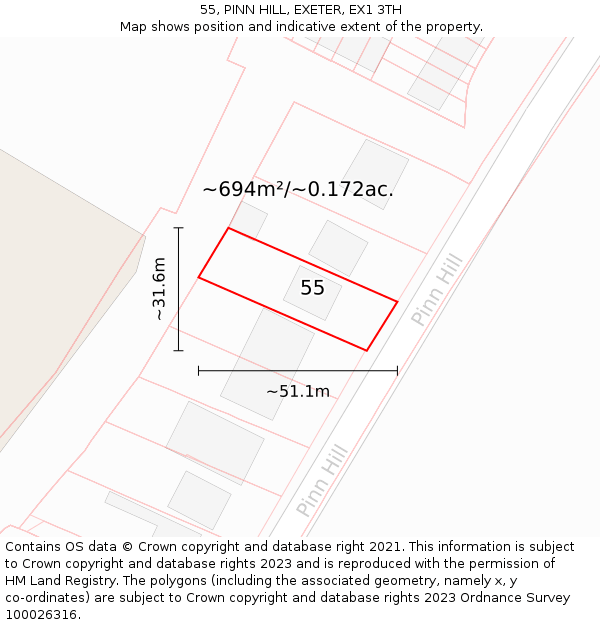 55, PINN HILL, EXETER, EX1 3TH: Plot and title map