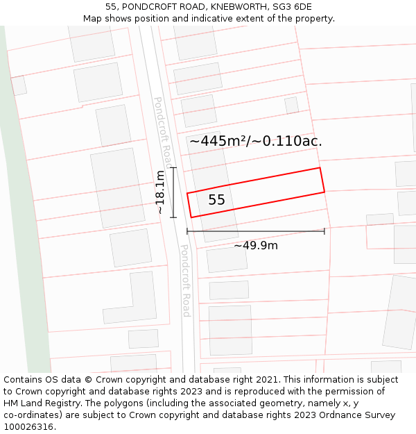 55, PONDCROFT ROAD, KNEBWORTH, SG3 6DE: Plot and title map