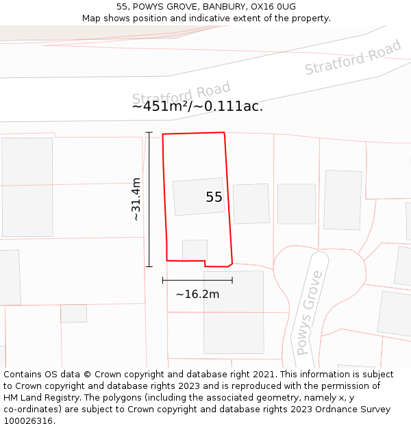 55, POWYS GROVE, BANBURY, OX16 0UG: Plot and title map