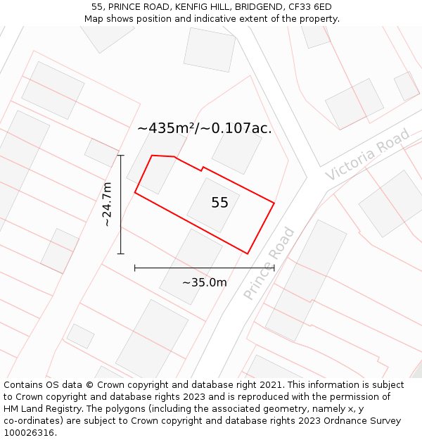 55, PRINCE ROAD, KENFIG HILL, BRIDGEND, CF33 6ED: Plot and title map