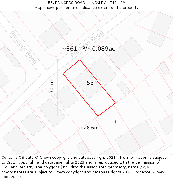 55, PRINCESS ROAD, HINCKLEY, LE10 1EA: Plot and title map