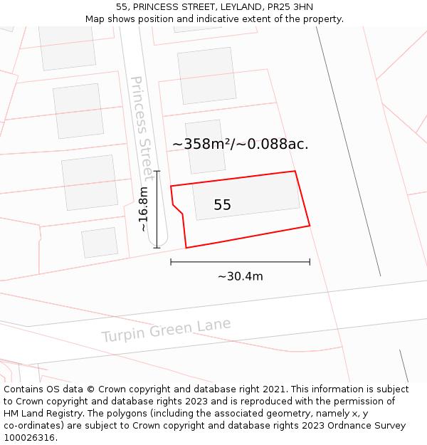 55, PRINCESS STREET, LEYLAND, PR25 3HN: Plot and title map