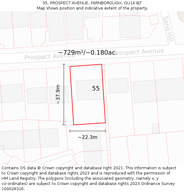 55, PROSPECT AVENUE, FARNBOROUGH, GU14 8JT: Plot and title map