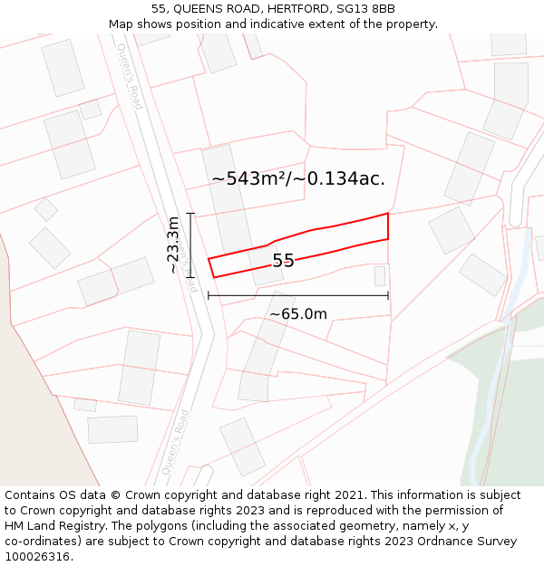 55, QUEENS ROAD, HERTFORD, SG13 8BB: Plot and title map