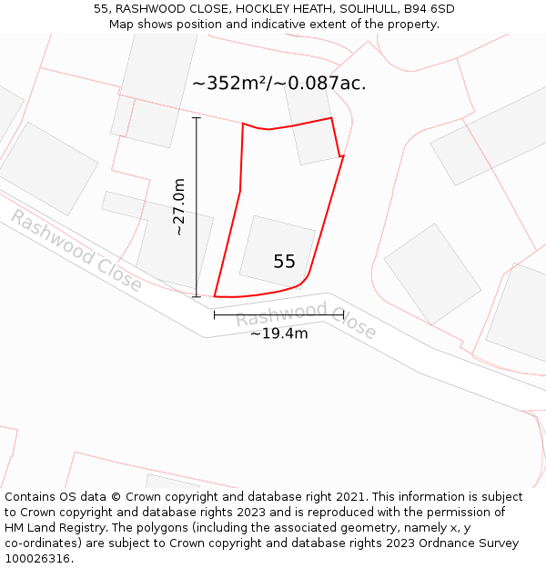 55, RASHWOOD CLOSE, HOCKLEY HEATH, SOLIHULL, B94 6SD: Plot and title map