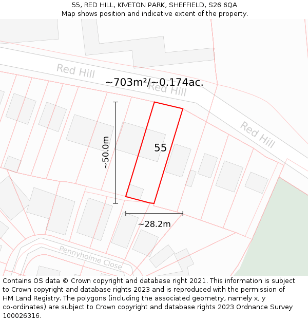 55, RED HILL, KIVETON PARK, SHEFFIELD, S26 6QA: Plot and title map