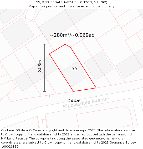 55, RIBBLESDALE AVENUE, LONDON, N11 3PQ: Plot and title map