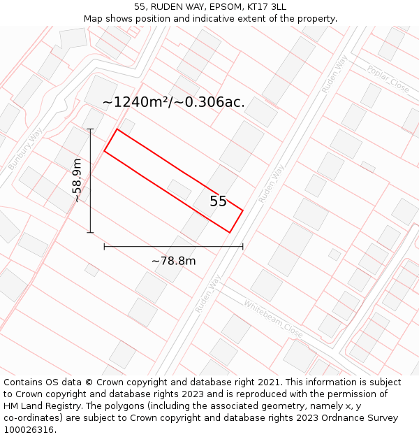 55, RUDEN WAY, EPSOM, KT17 3LL: Plot and title map