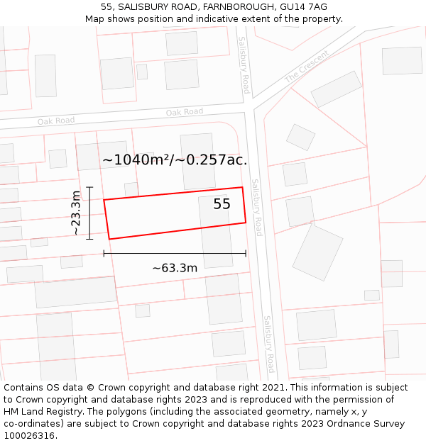 55, SALISBURY ROAD, FARNBOROUGH, GU14 7AG: Plot and title map