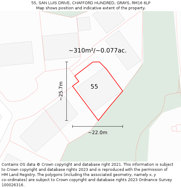 55, SAN LUIS DRIVE, CHAFFORD HUNDRED, GRAYS, RM16 6LP: Plot and title map