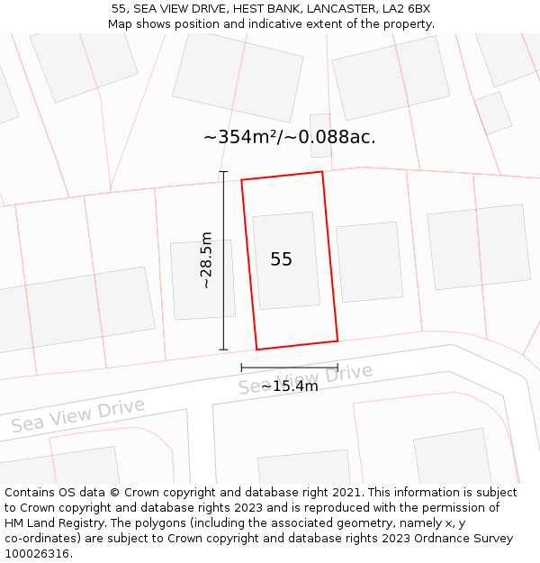 55, SEA VIEW DRIVE, HEST BANK, LANCASTER, LA2 6BX: Plot and title map