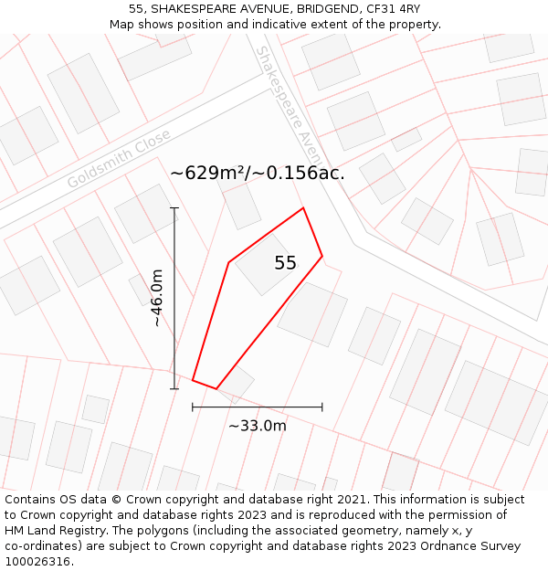 55, SHAKESPEARE AVENUE, BRIDGEND, CF31 4RY: Plot and title map