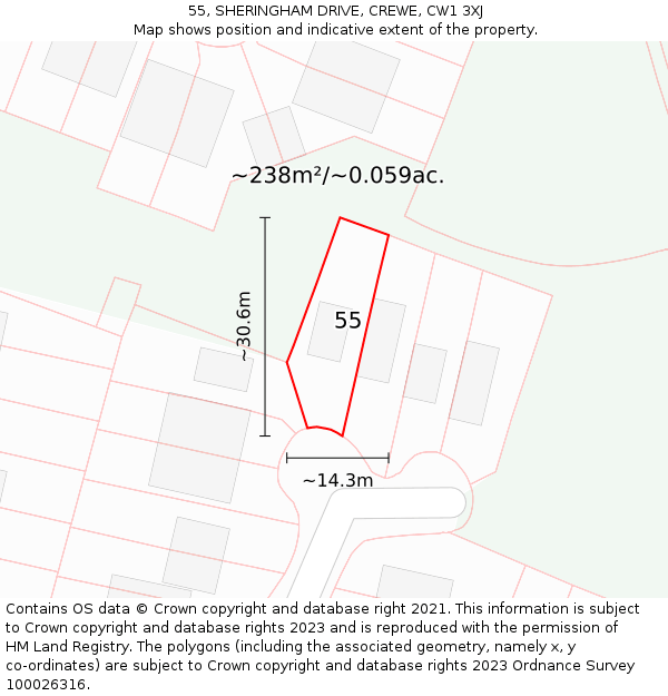 55, SHERINGHAM DRIVE, CREWE, CW1 3XJ: Plot and title map