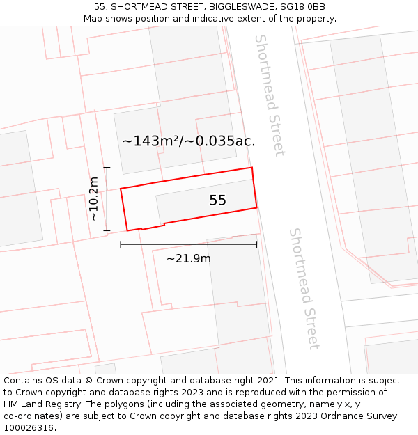 55, SHORTMEAD STREET, BIGGLESWADE, SG18 0BB: Plot and title map