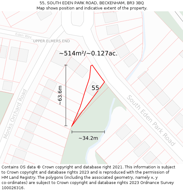 55, SOUTH EDEN PARK ROAD, BECKENHAM, BR3 3BQ: Plot and title map