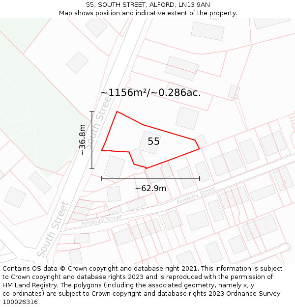 55, SOUTH STREET, ALFORD, LN13 9AN: Plot and title map