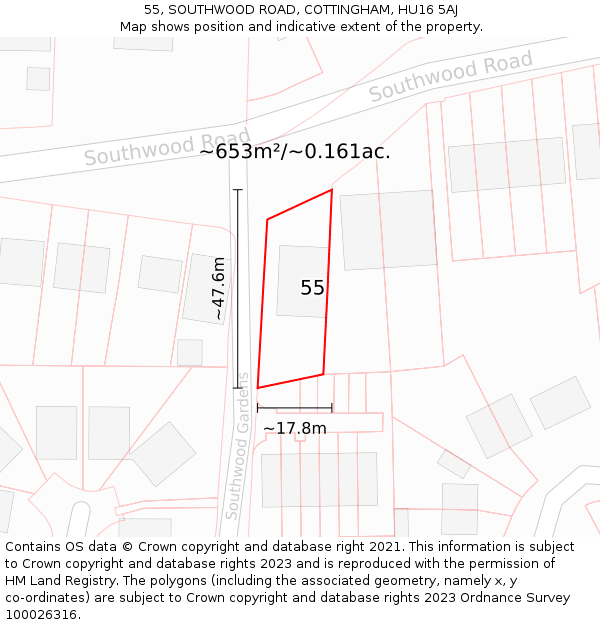 55, SOUTHWOOD ROAD, COTTINGHAM, HU16 5AJ: Plot and title map