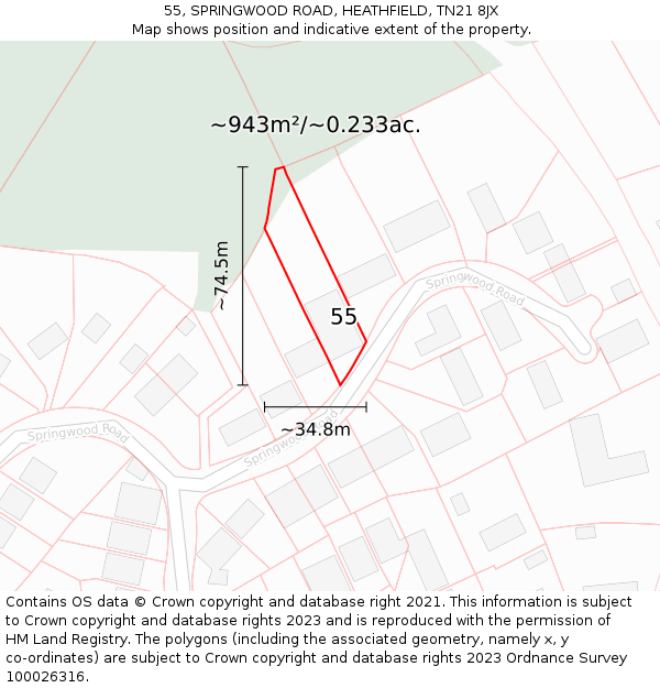 55, SPRINGWOOD ROAD, HEATHFIELD, TN21 8JX: Plot and title map