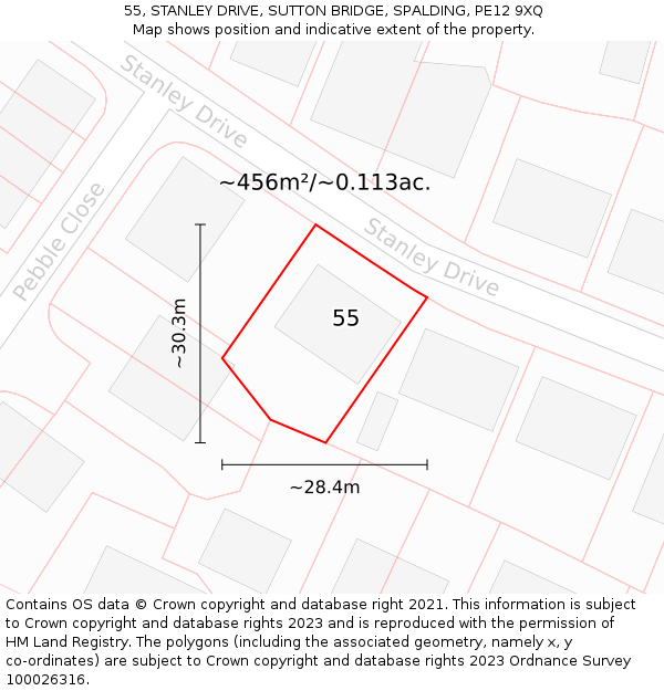 55, STANLEY DRIVE, SUTTON BRIDGE, SPALDING, PE12 9XQ: Plot and title map