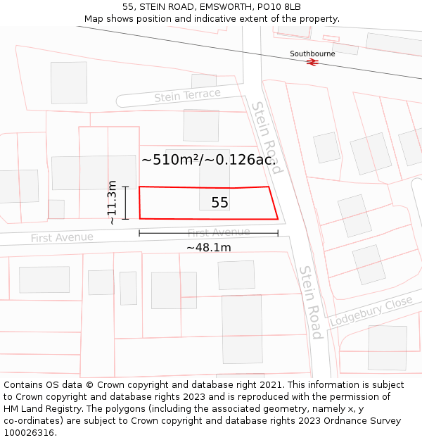 55, STEIN ROAD, EMSWORTH, PO10 8LB: Plot and title map