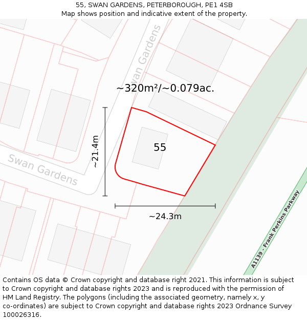 55, SWAN GARDENS, PETERBOROUGH, PE1 4SB: Plot and title map