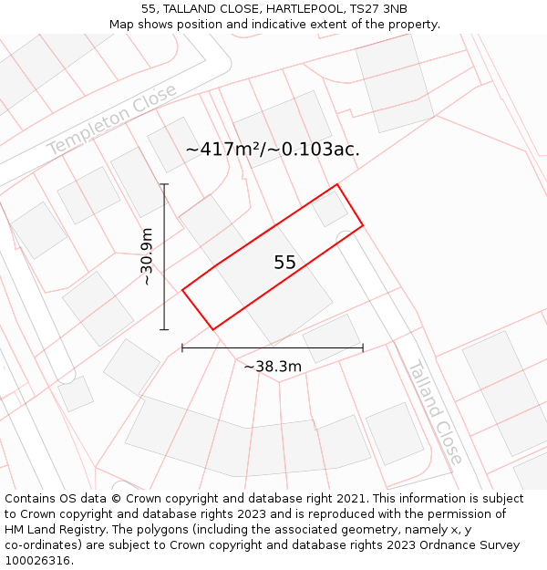 55, TALLAND CLOSE, HARTLEPOOL, TS27 3NB: Plot and title map