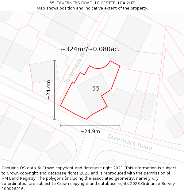 55, TAVERNERS ROAD, LEICESTER, LE4 2HZ: Plot and title map