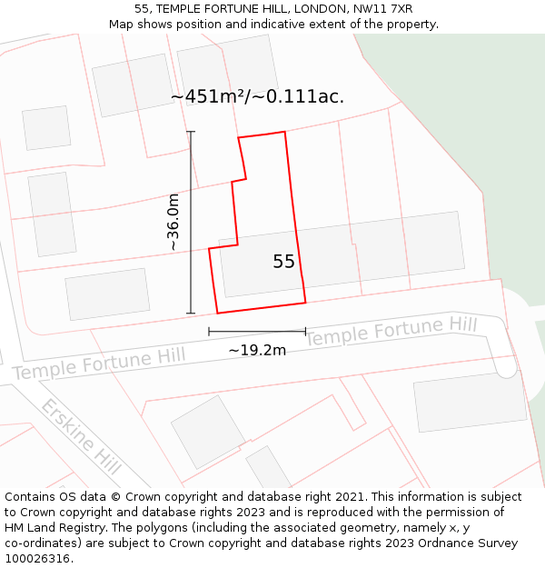 55, TEMPLE FORTUNE HILL, LONDON, NW11 7XR: Plot and title map