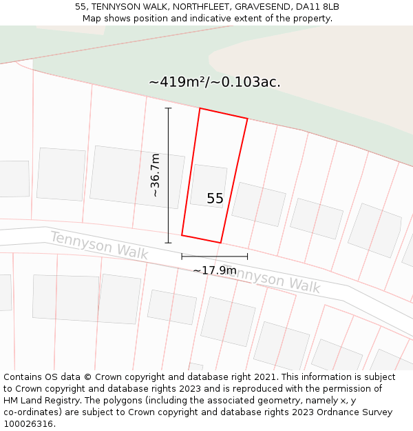 55, TENNYSON WALK, NORTHFLEET, GRAVESEND, DA11 8LB: Plot and title map