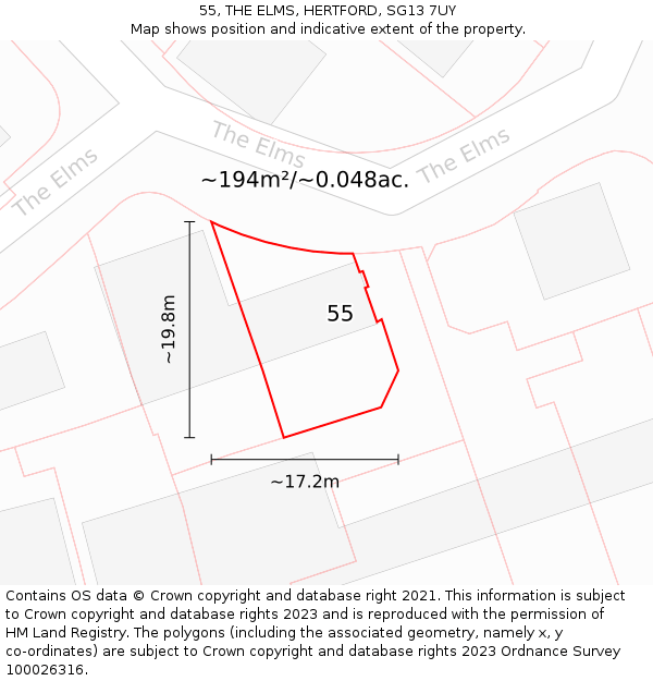 55, THE ELMS, HERTFORD, SG13 7UY: Plot and title map