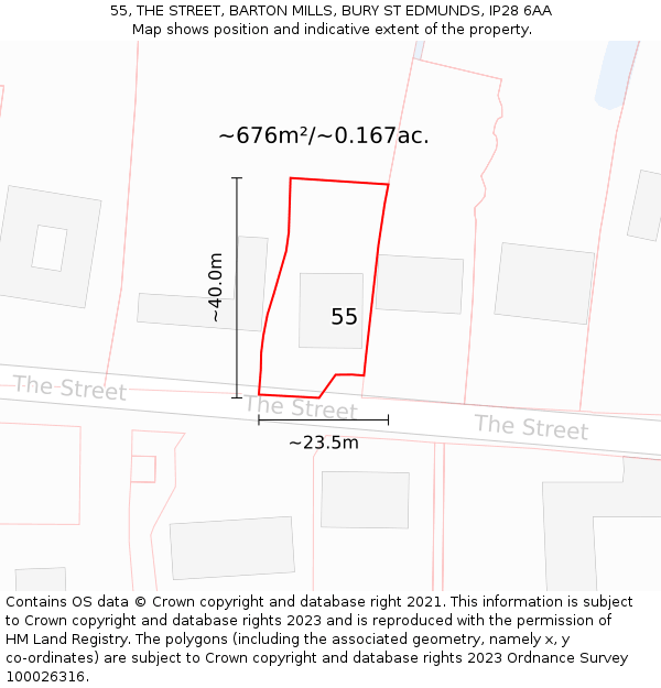 55, THE STREET, BARTON MILLS, BURY ST EDMUNDS, IP28 6AA: Plot and title map