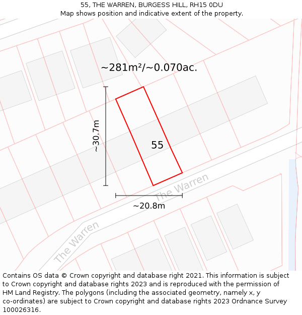 55, THE WARREN, BURGESS HILL, RH15 0DU: Plot and title map