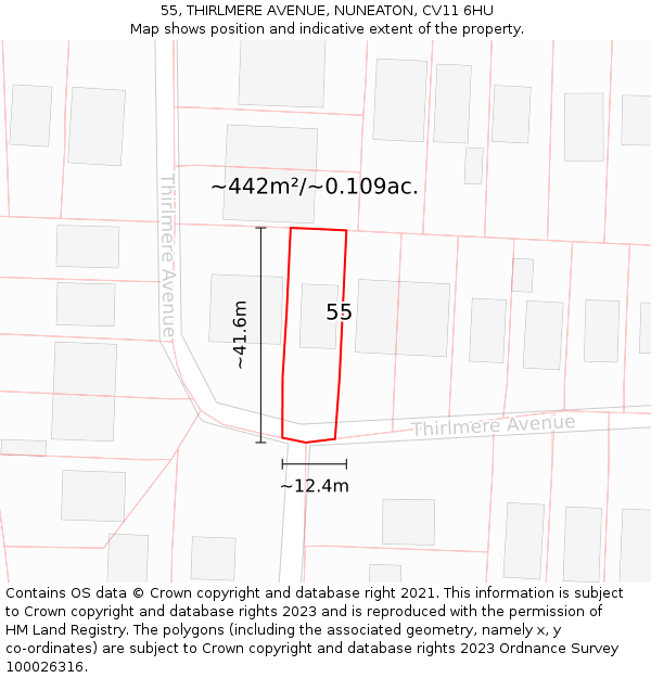 55, THIRLMERE AVENUE, NUNEATON, CV11 6HU: Plot and title map