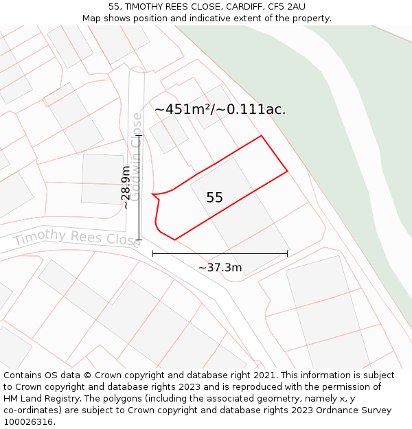55, TIMOTHY REES CLOSE, CARDIFF, CF5 2AU: Plot and title map