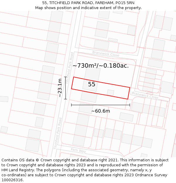 55, TITCHFIELD PARK ROAD, FAREHAM, PO15 5RN: Plot and title map