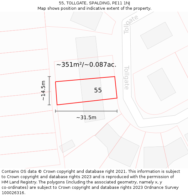 55, TOLLGATE, SPALDING, PE11 1NJ: Plot and title map