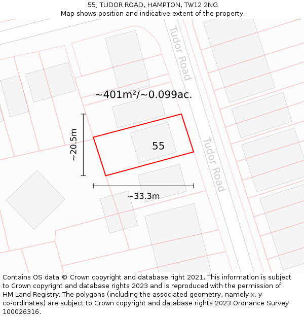 55, TUDOR ROAD, HAMPTON, TW12 2NG: Plot and title map