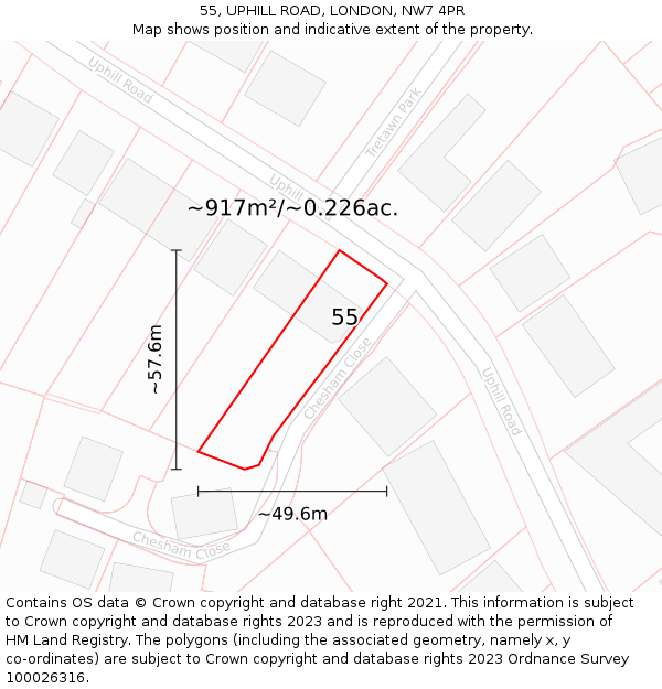 55, UPHILL ROAD, LONDON, NW7 4PR: Plot and title map