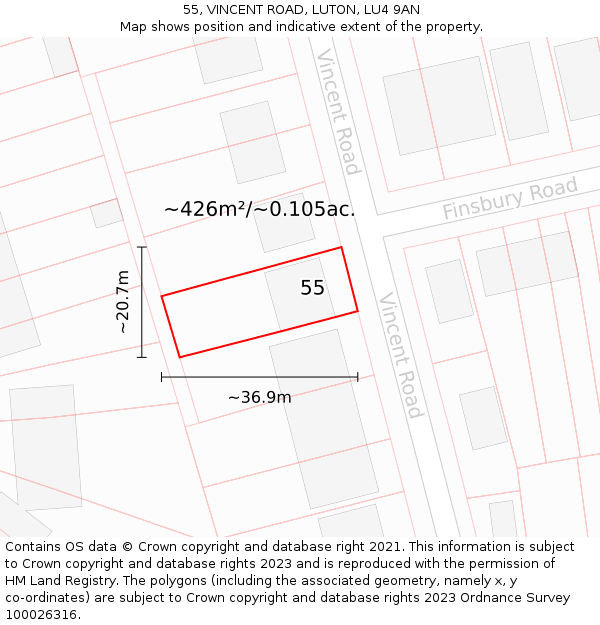 55, VINCENT ROAD, LUTON, LU4 9AN: Plot and title map