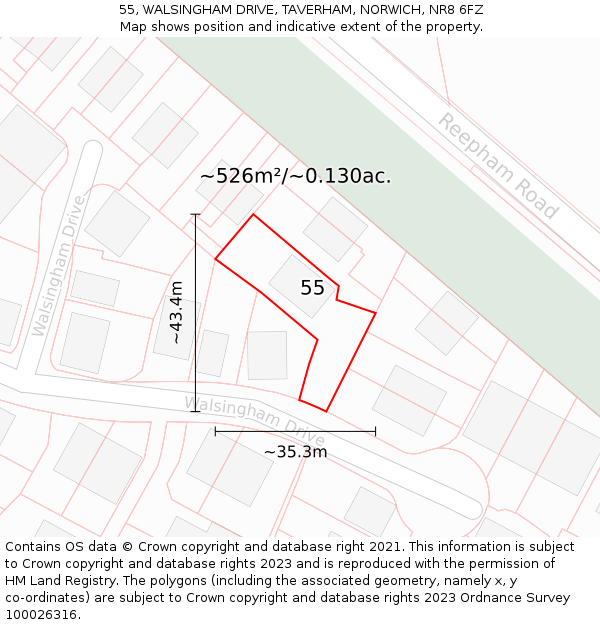 55, WALSINGHAM DRIVE, TAVERHAM, NORWICH, NR8 6FZ: Plot and title map