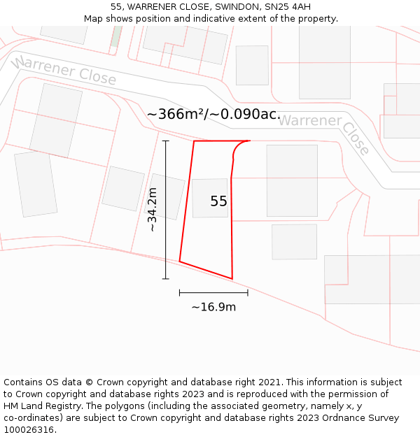 55, WARRENER CLOSE, SWINDON, SN25 4AH: Plot and title map