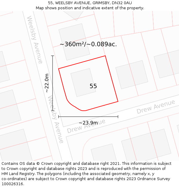 55, WEELSBY AVENUE, GRIMSBY, DN32 0AU: Plot and title map