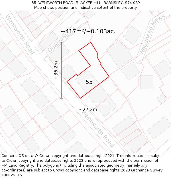 55, WENTWORTH ROAD, BLACKER HILL, BARNSLEY, S74 0RP: Plot and title map