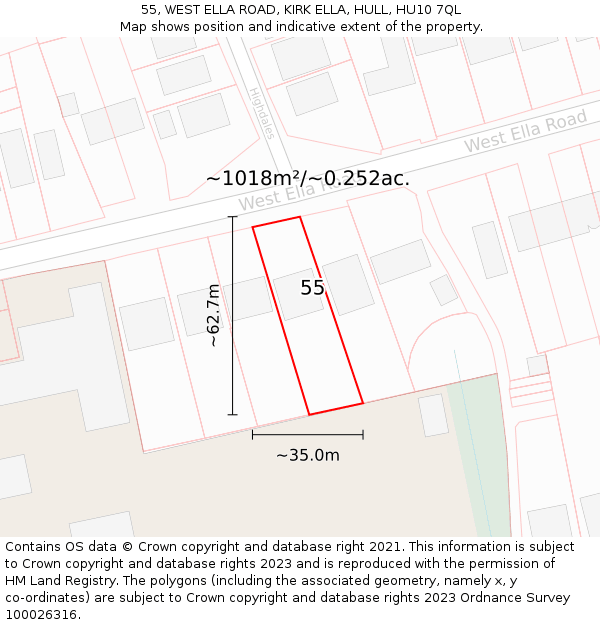 55, WEST ELLA ROAD, KIRK ELLA, HULL, HU10 7QL: Plot and title map