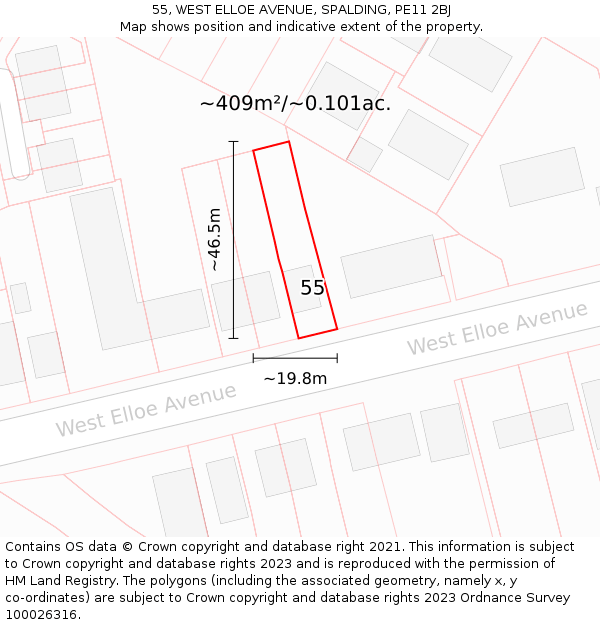 55, WEST ELLOE AVENUE, SPALDING, PE11 2BJ: Plot and title map