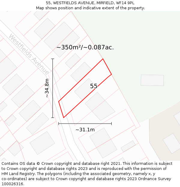 55, WESTFIELDS AVENUE, MIRFIELD, WF14 9PL: Plot and title map