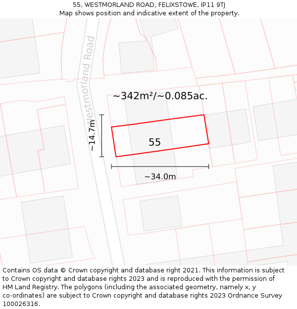 55, WESTMORLAND ROAD, FELIXSTOWE, IP11 9TJ: Plot and title map