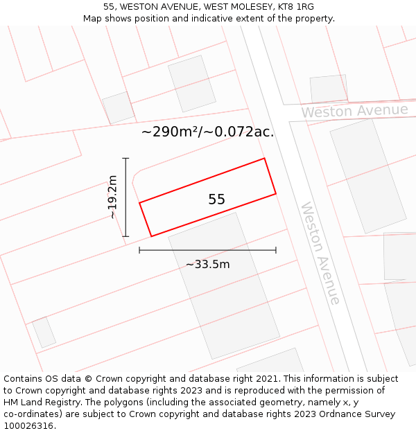 55, WESTON AVENUE, WEST MOLESEY, KT8 1RG: Plot and title map